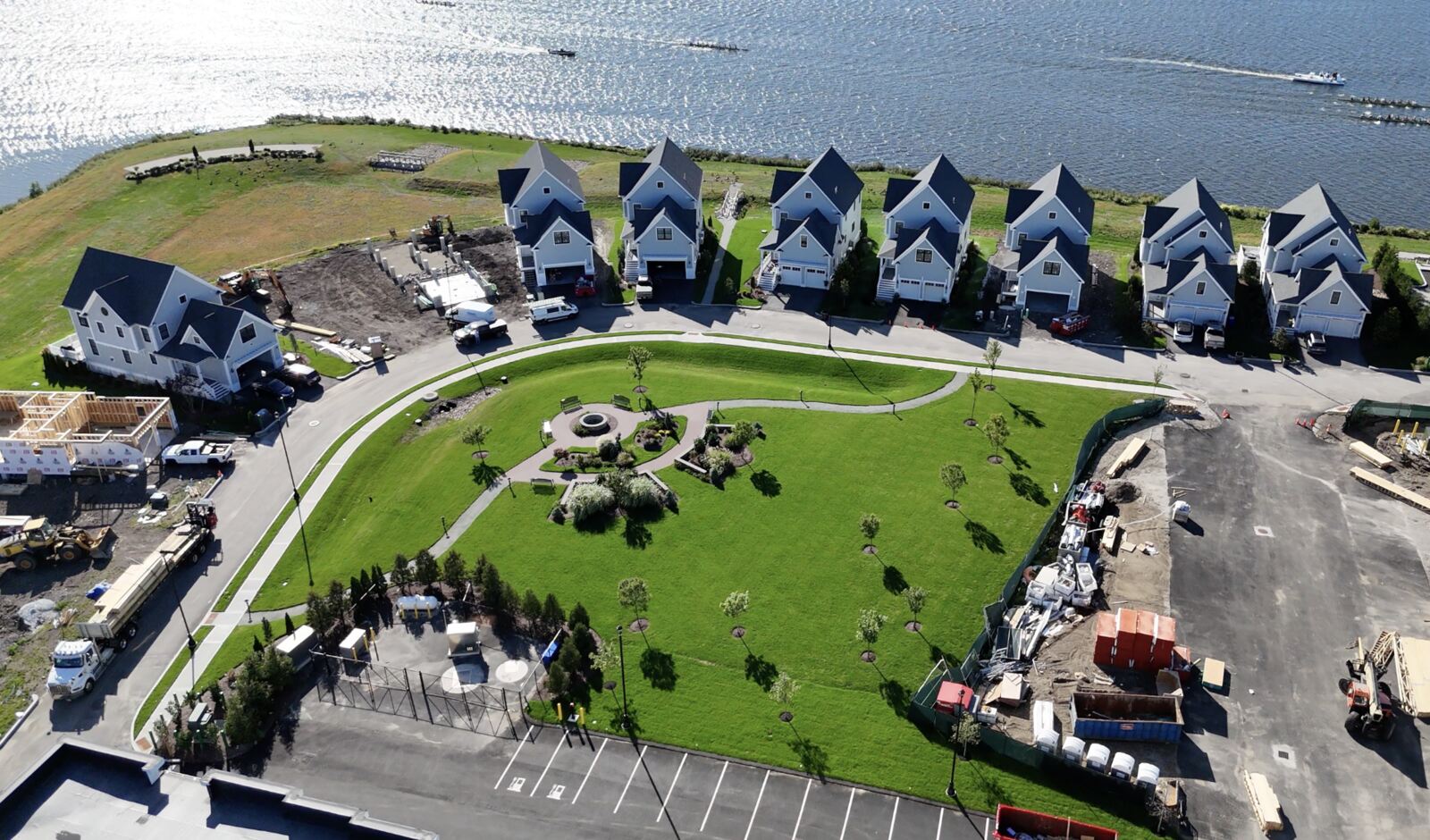 Aerial view of East Point — the waterfront homes, the central green and the Seekonk River