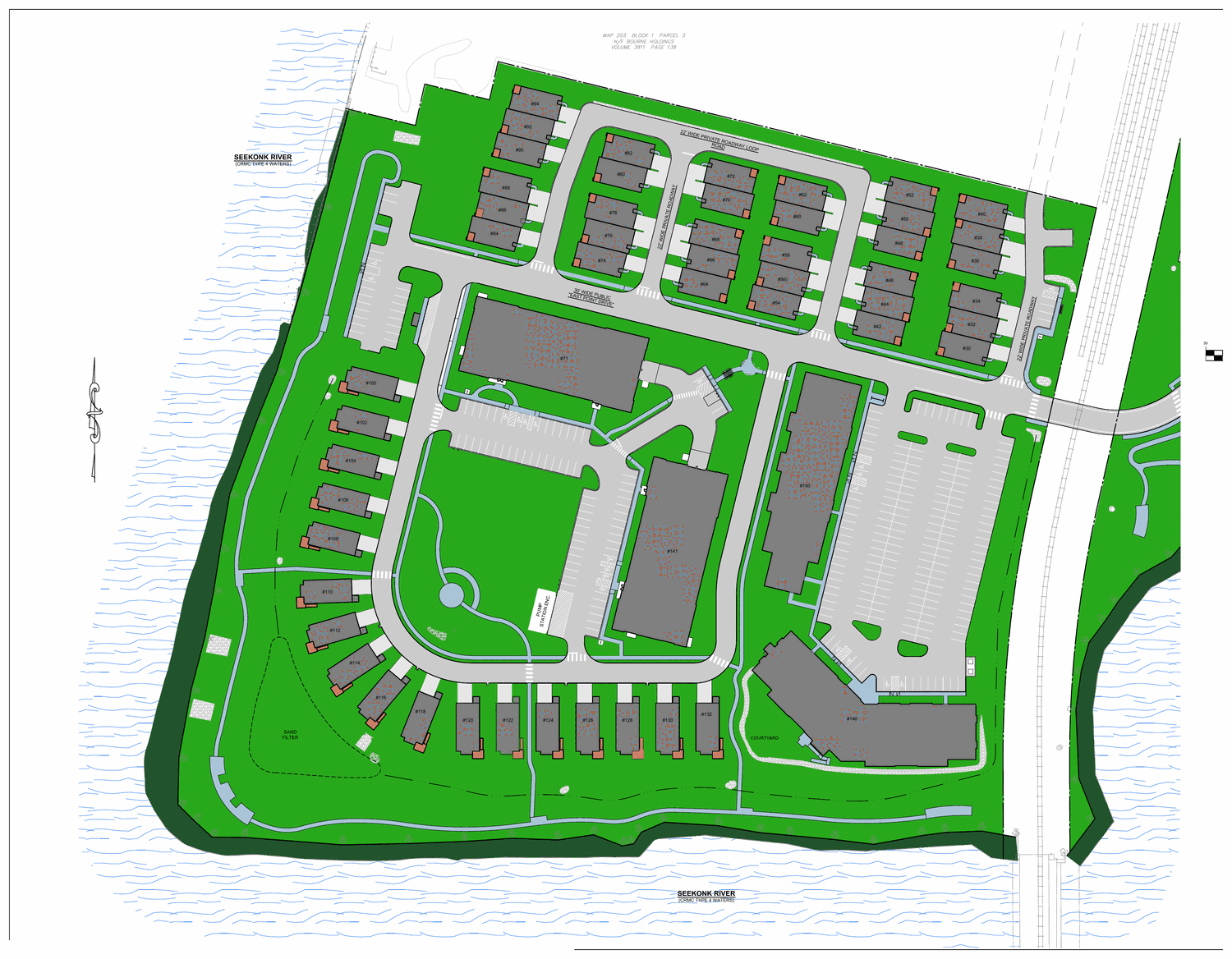 Annotated site plan of the coastal side of East Point, showing Building One, Building Two, the courtyard, resident parking and the Seekonk River shoreline walk